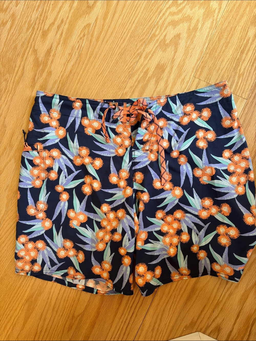 Patagonia Navy Floral Drawstring Bermudas with Orange Blossoms